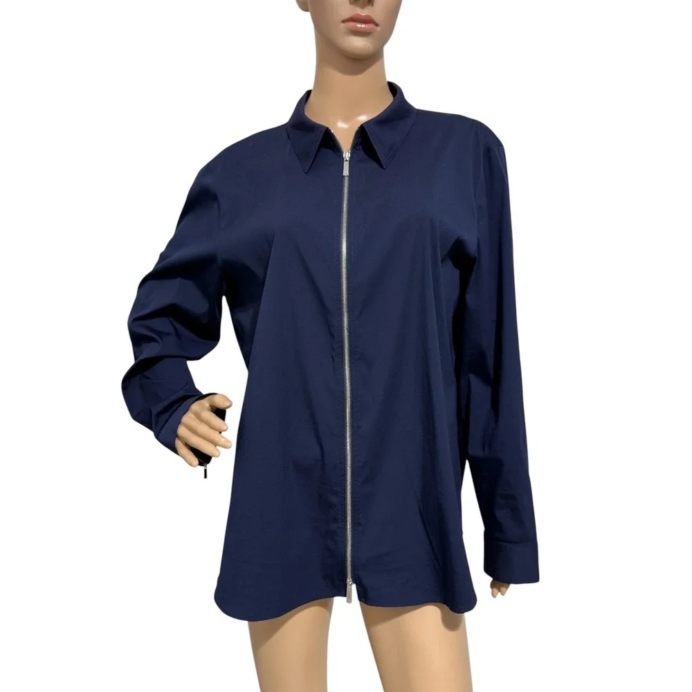 Lafayette 148 New York Zip Front Blouse Sz 16 Navy Stretch Cotton Collared Top - Picture 8 of 14